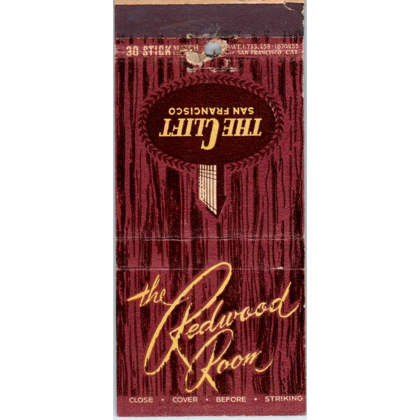 The Clift Redwood Room San Francisco CA Advertising Matchbook Cover MM10-3