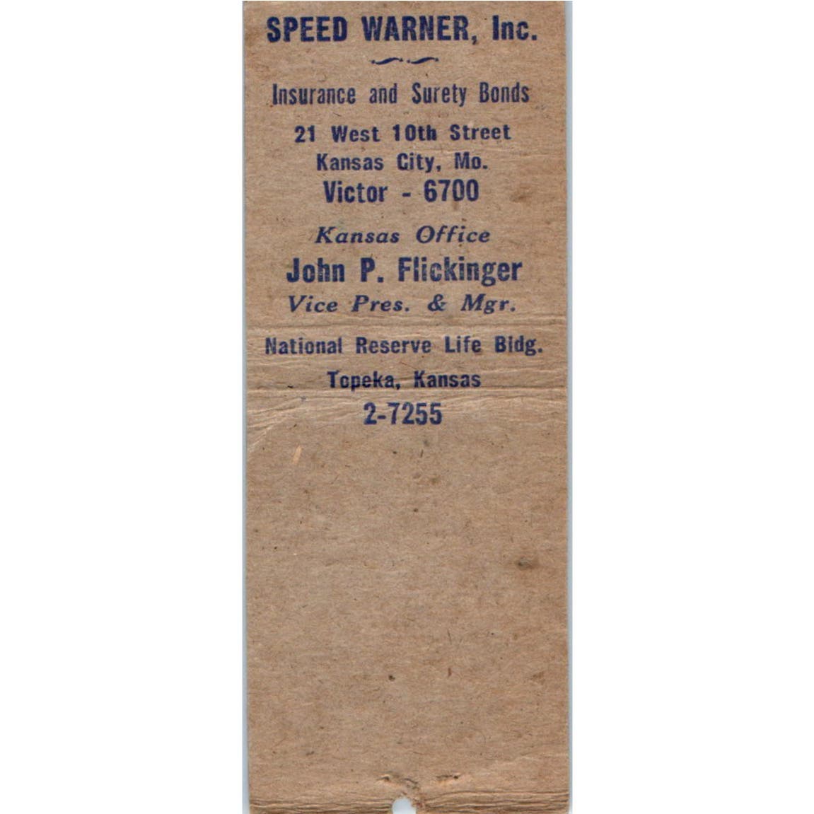 Speed Warner Inc. John P Flickinger Topeka KS Advertising Matchbook Cover SA9-M5