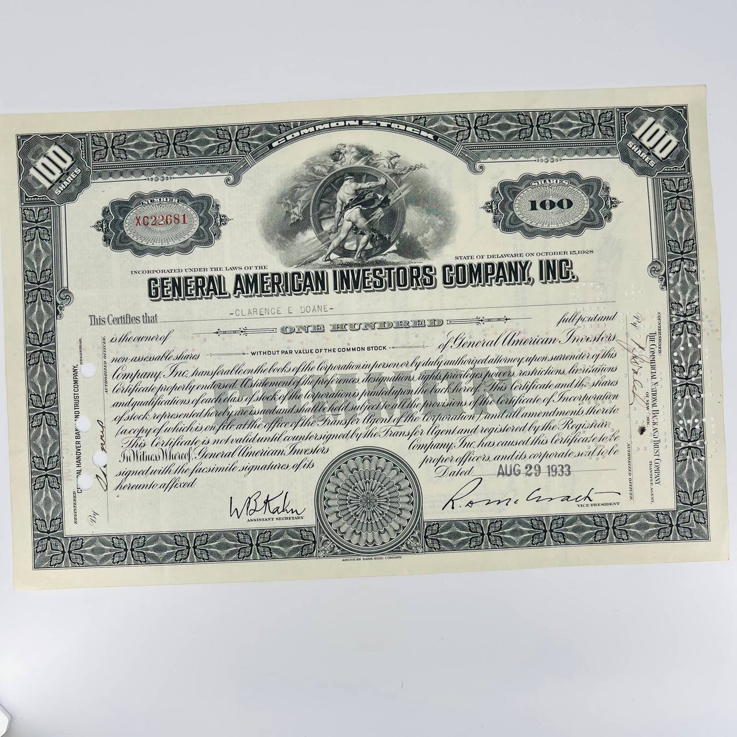 1933 General American Investors Company Inc. SB Chaplin NY Stock Certificate BA4