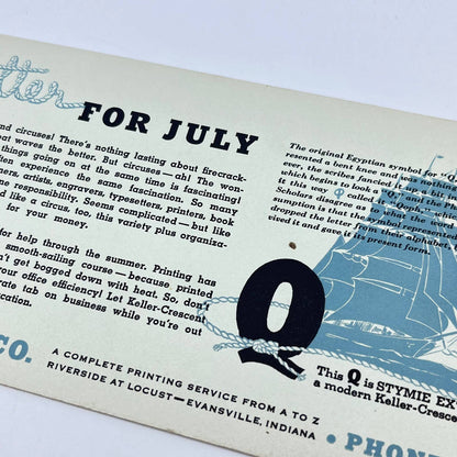 1940s Blotter Card July Clipper Ship Keller-Crescent Co. Evansville IN SC9