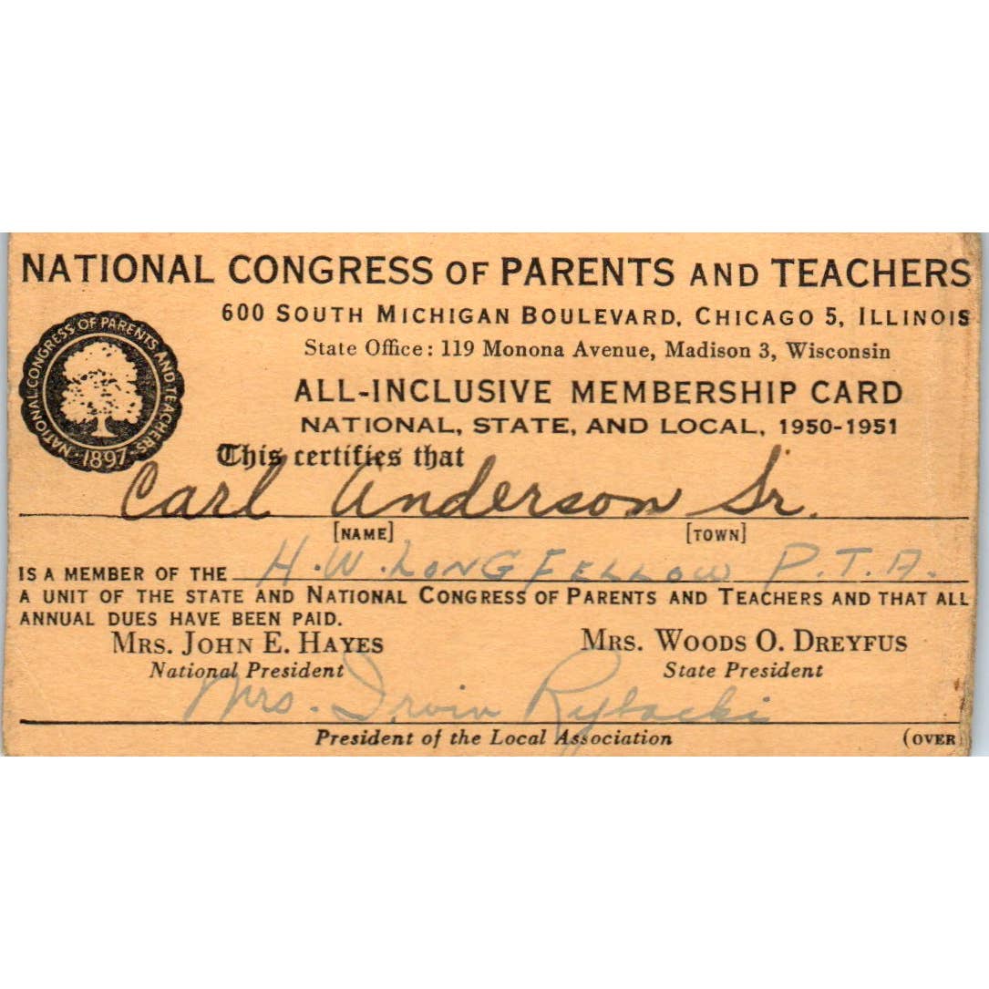1950 National Congress of Parents & Teachers Membership Card HW Longfellow SE5-1