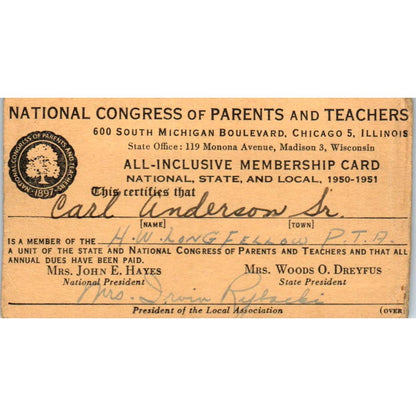 1950 National Congress of Parents & Teachers Membership Card HW Longfellow SE5-1