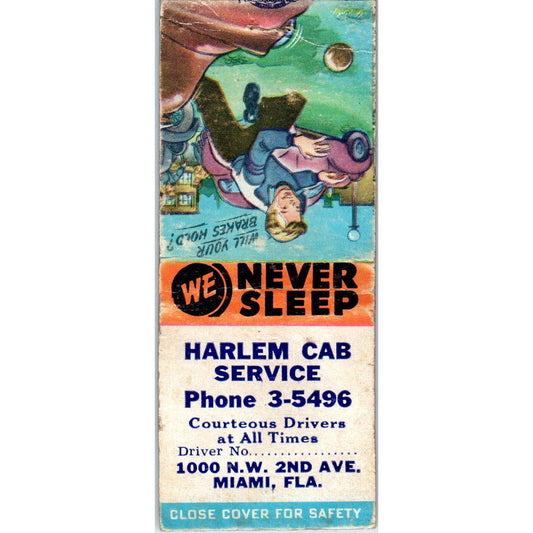 Harlem Cab Service Miami FL We Never Sleep Advertising Matchbook Cover SA9-M3