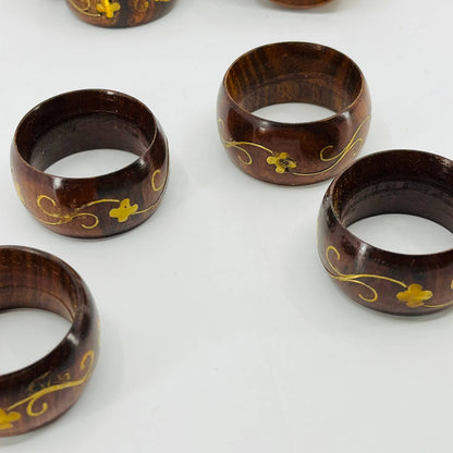 VINTAGE Art Nouveau Napkin Bands Rings Wood w/ Brass Inlay Set of 10 TD2