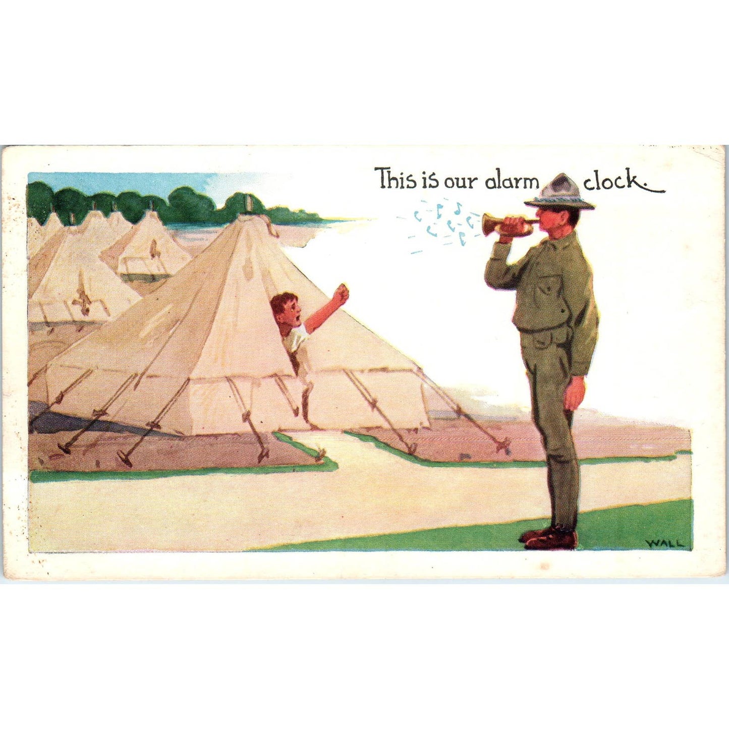 WW1 Wall Doughboy ...Bugle Alarm Clock Humor Postcard TK1-26