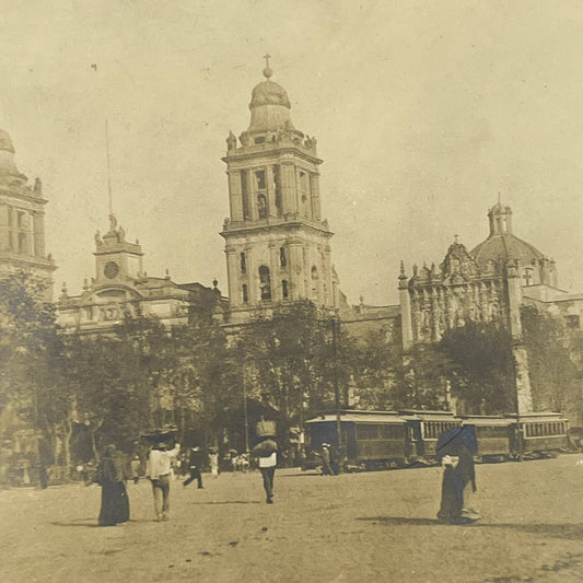 1903 Original Sepia Photograph Streetcar Near Cathedral in Mexico City AC7