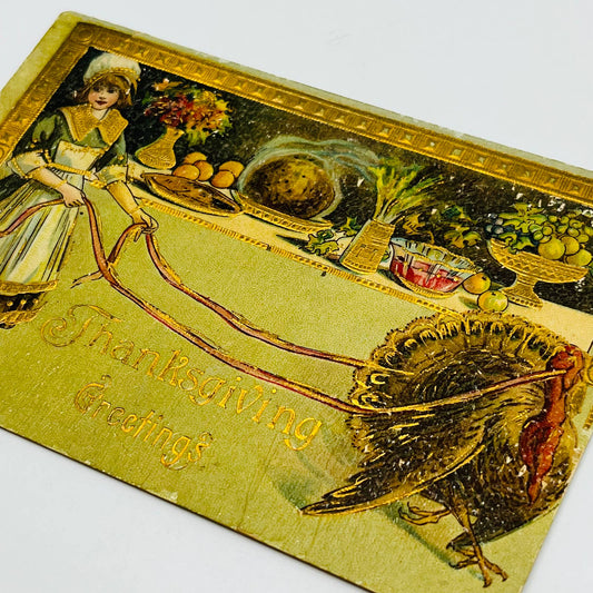 1910s Thanksgiving Post Card Turkey Dinner Banquet Dresden Gilt Embossed PA3