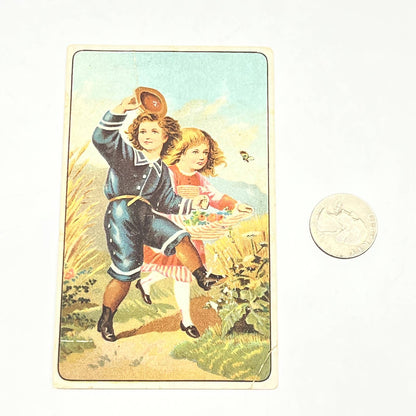 Original 1880s Victorian Trade Card Ariosa Coffee Blue Boy Girl Butterfly AB6