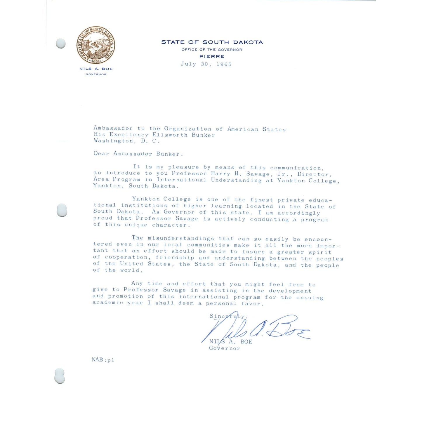 Official South Dakota Governor Letterhead Signed Nils A. Boe Jul 1965 B15