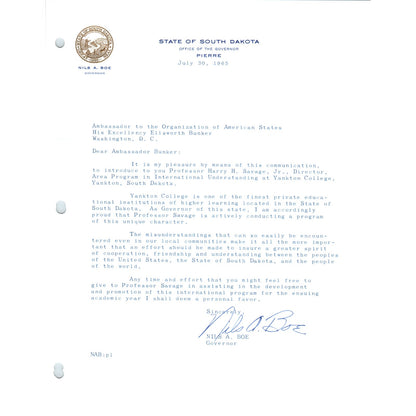 Official South Dakota Governor Letterhead Signed Nils A. Boe Jul 1965 B15