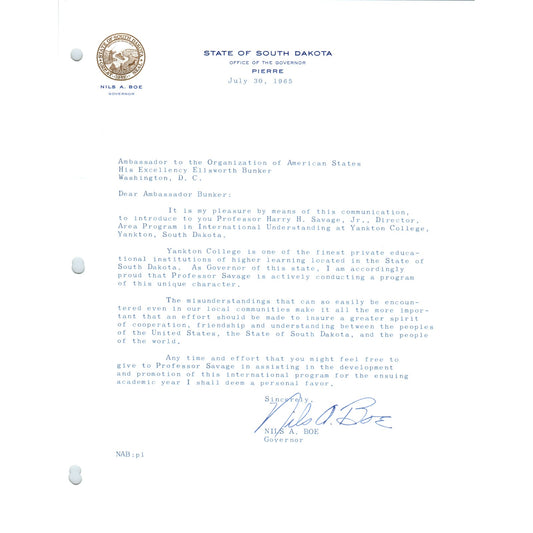 Official South Dakota Governor Letterhead Signed Nils A. Boe Jul 1965 B15