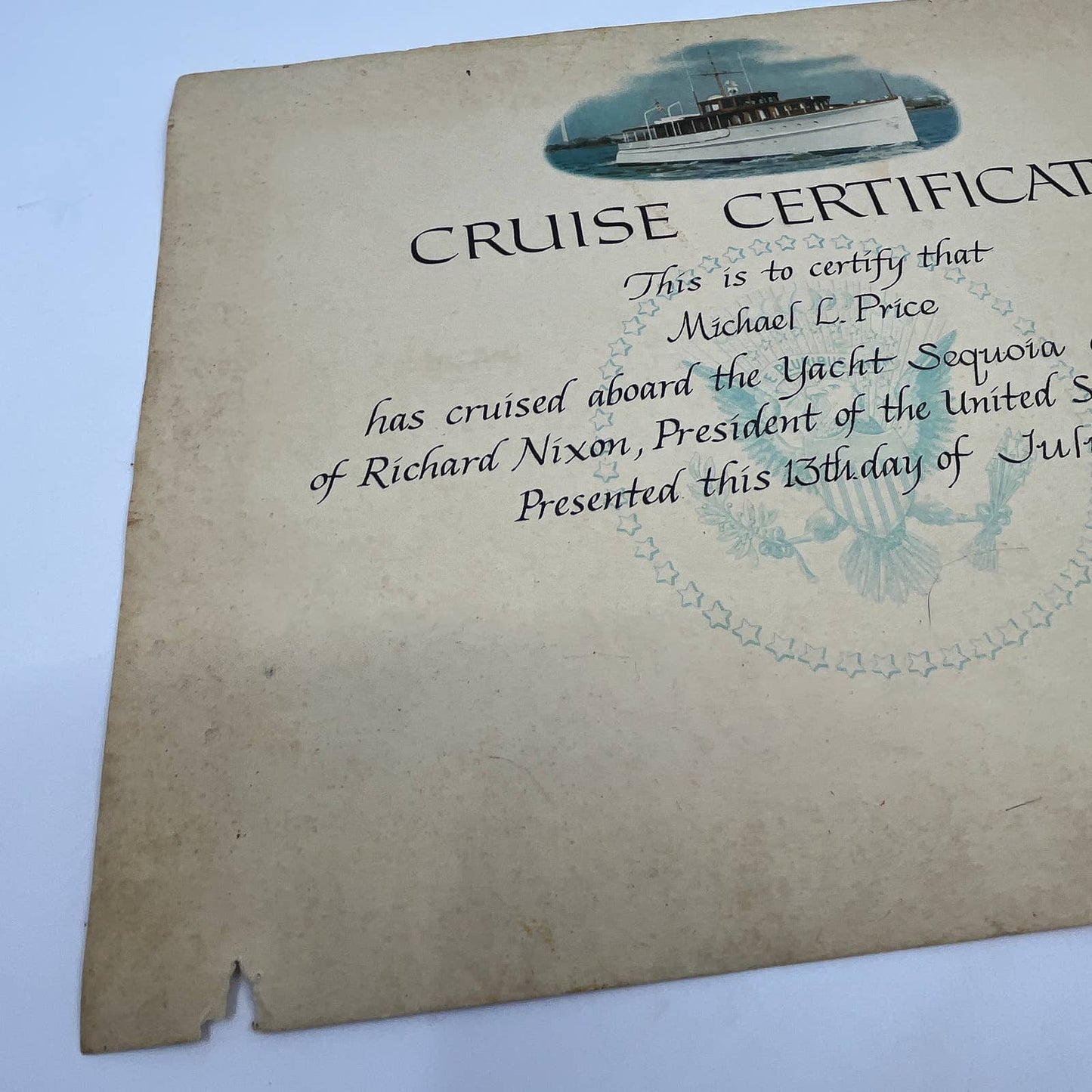 1972 President Richard Nixon Cruise Certificate USS Sequoia Michael Price FL4