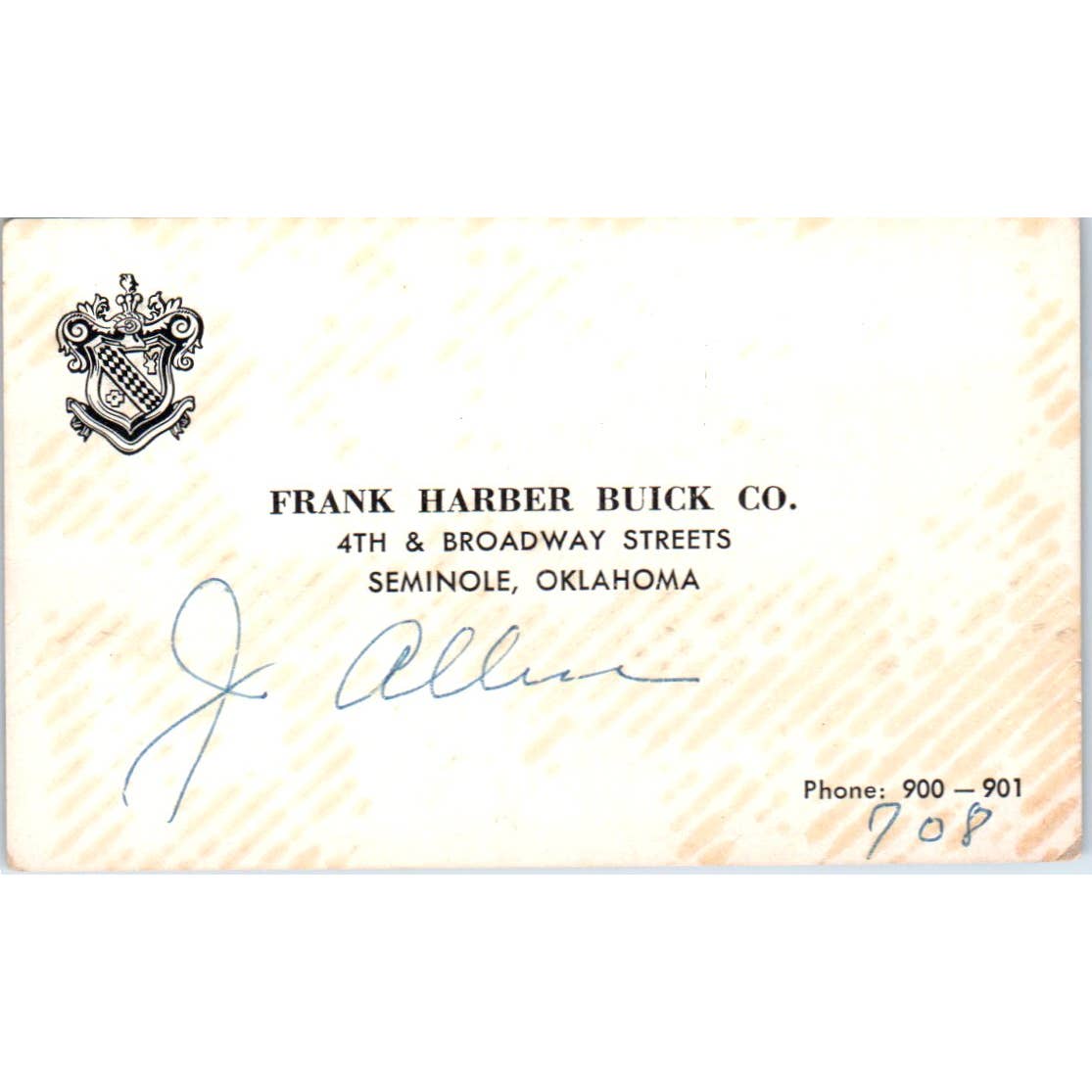 Vintage Business Card Frank Harber Buick Co. Seminole Oklahoma SE5