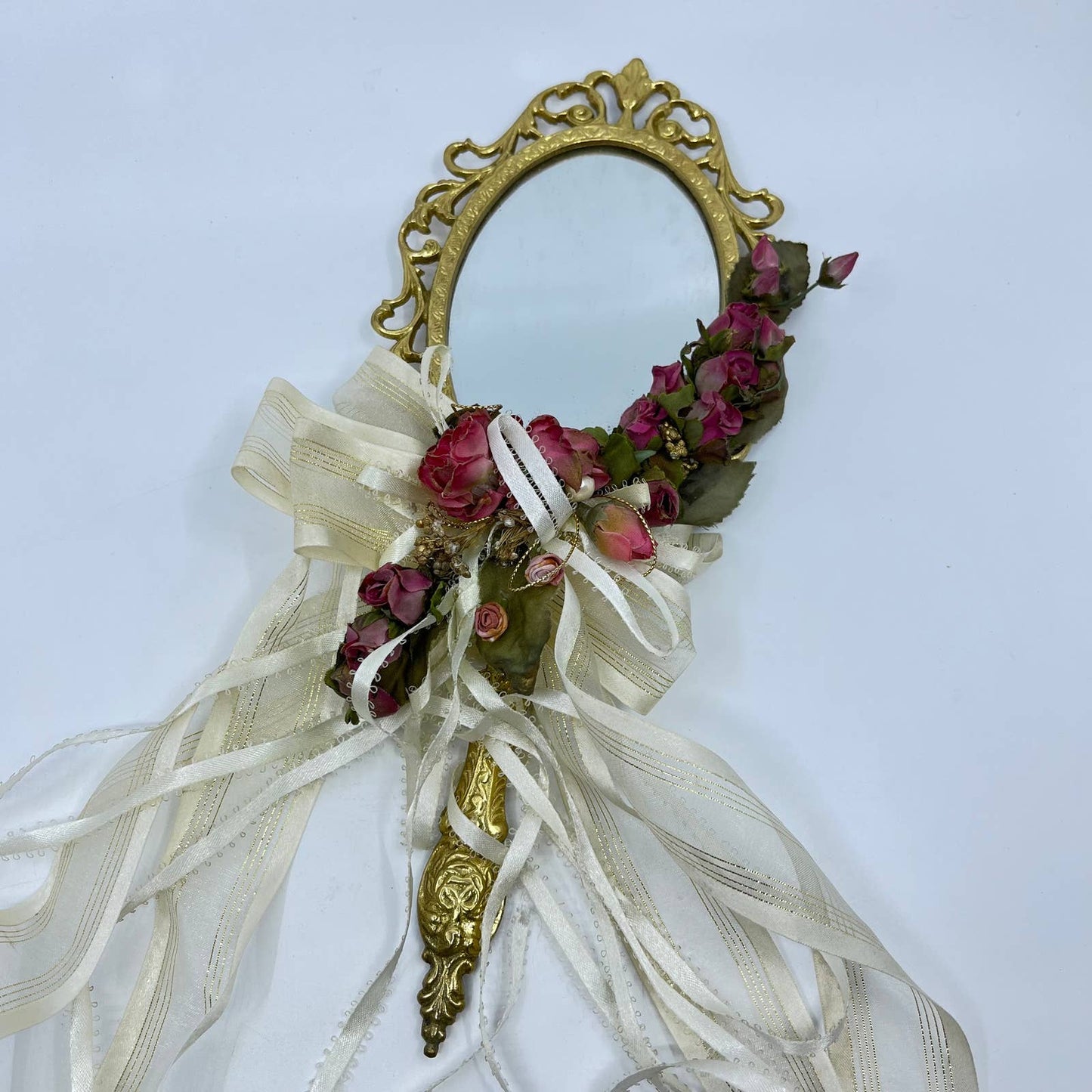 Vintage Lacquered Brass Princess Flower and Lace Vanity Mirror 14” TF3
