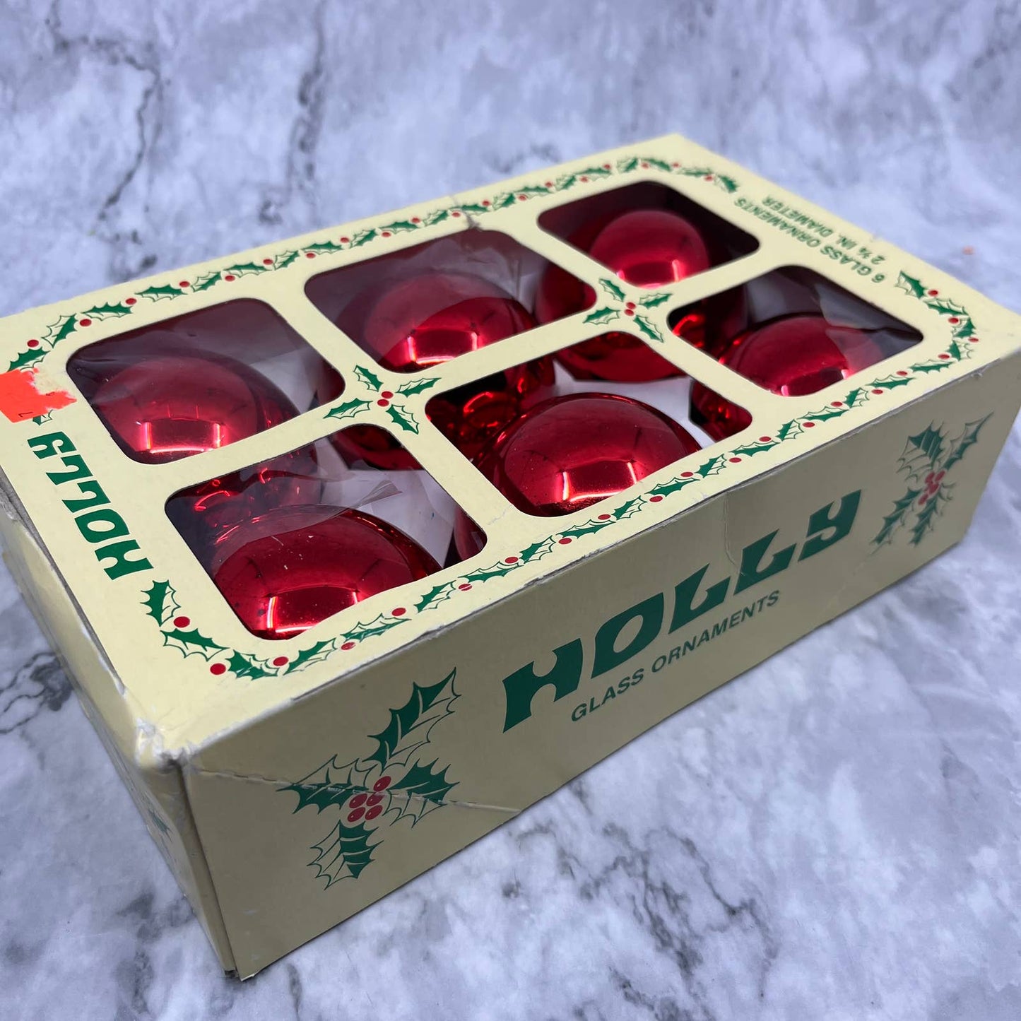 HOLLY 6 Vintage 2 5/8" Mercury Glass Ornaments Original Box Red TJ9