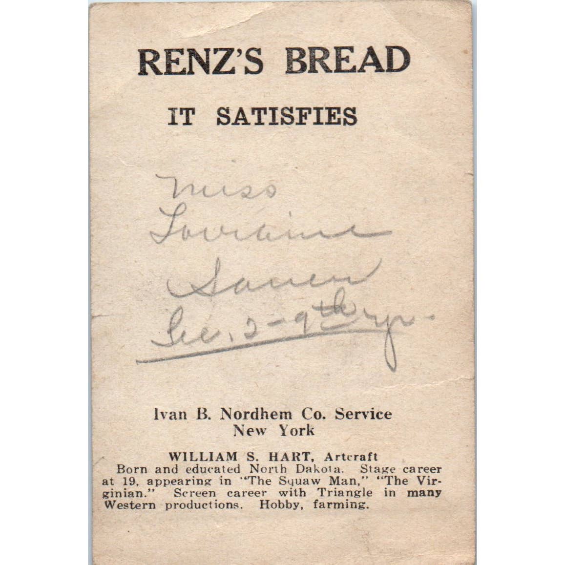 Renz's Bread Ivan B. Nordhem Co. William S. Hart Original Trade Card TK1-22