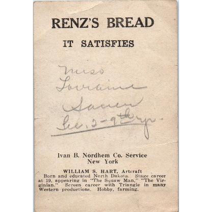 Renz's Bread Ivan B. Nordhem Co. William S. Hart Original Trade Card P1-14