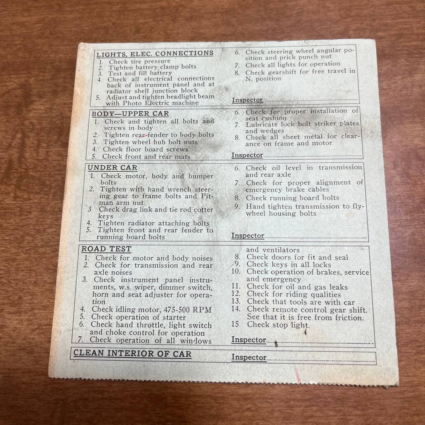 1948 Chevrolet Chevy New Car Conditioning Operations Inspection Card A1