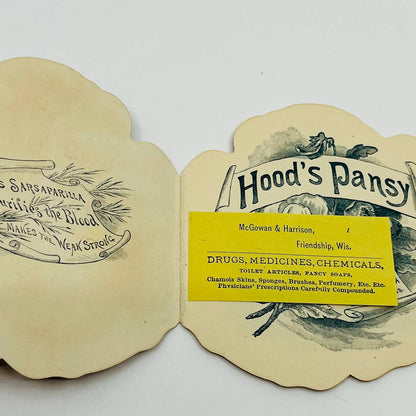 1885 Hood's Sarsaparilla Pansy Booklet Quack Medicine Lowell MA Die Cut SC2