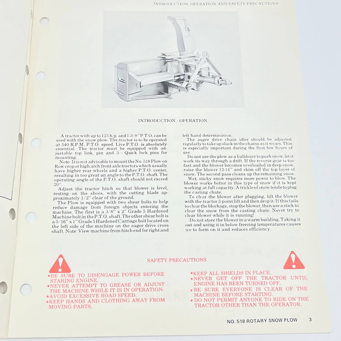 Original 1976 New Idea No. 518 Three Point Hitch 92" Rotary Snow Plow Manual TB9