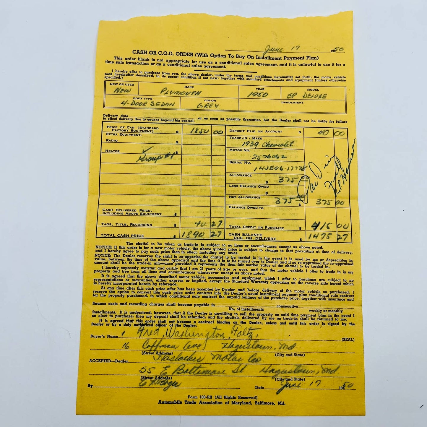 1950 Plymouth SP Deluxe Invoice Haslacker Motor Co. Fred Foltz Hagerstown MD D1