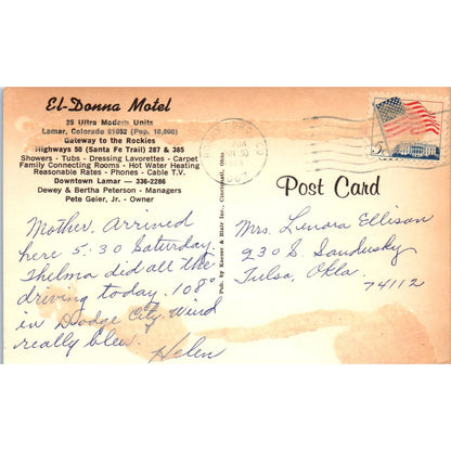 El Donna Motel Pete Geier 1968 Lamar Colorado Original Postcard TK1-29