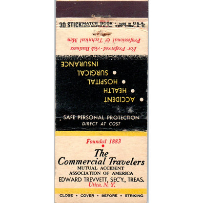 The Commercial Travelers Edward Trevvett Utica NY Advertising Matchbook MM9-6