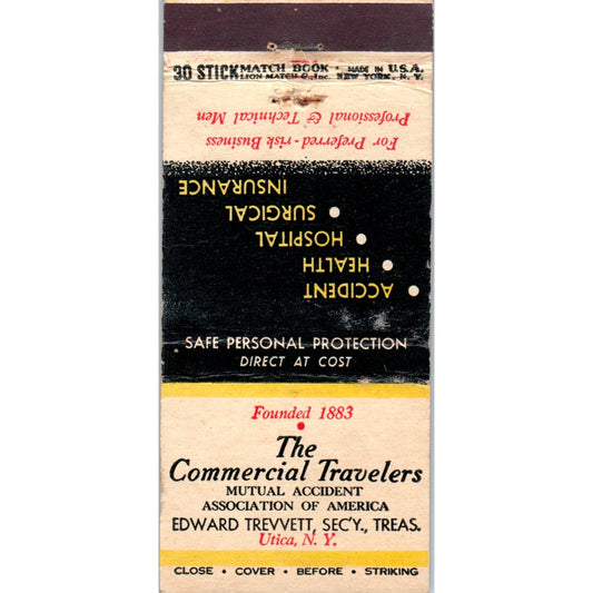 The Commercial Travelers Edward Trevvett Utica NY Advertising Matchbook MM9-6
