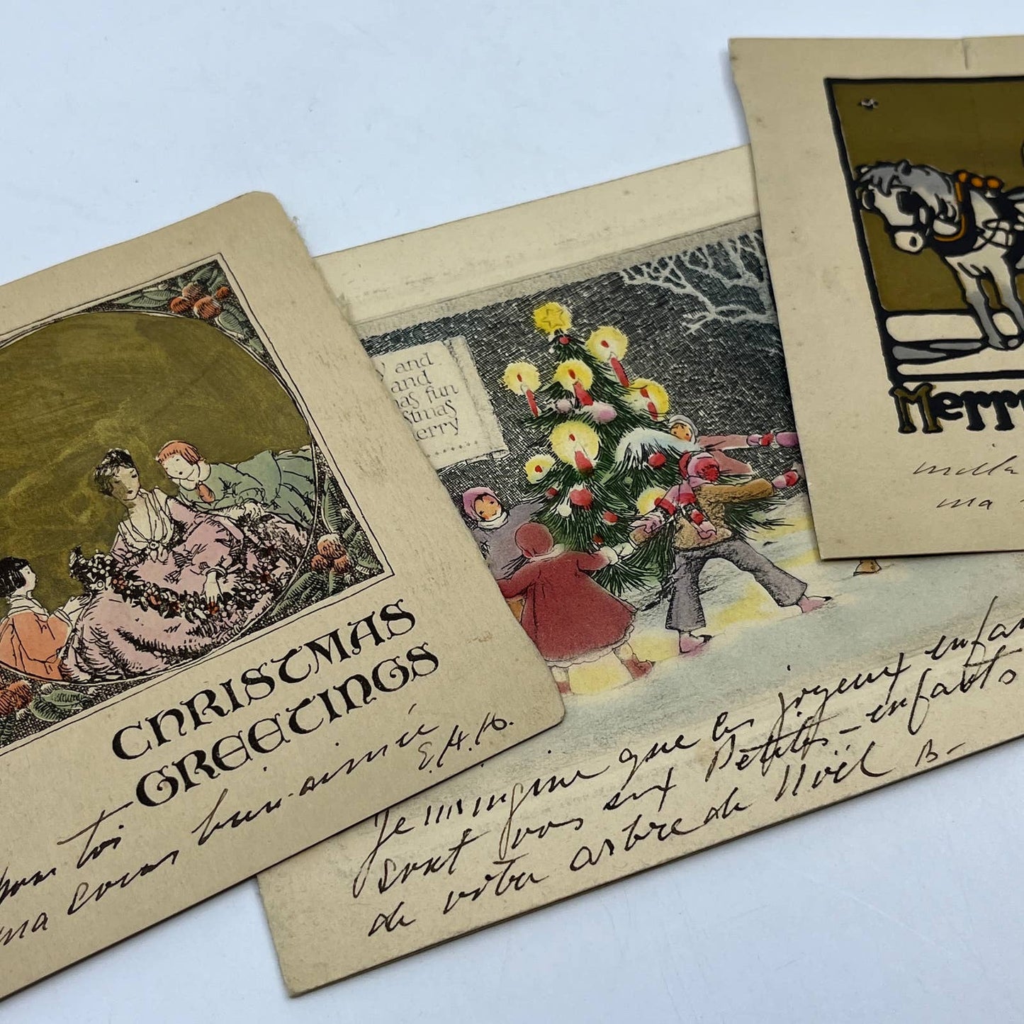 c1930 Lot of 3 Christmas Greeting Cards Horse & Buggy Candlelit Tree AC8