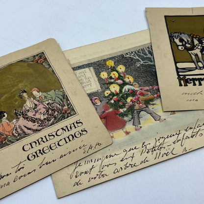 c1930 Lot of 3 Christmas Greeting Cards Horse & Buggy Candlelit Tree AC8