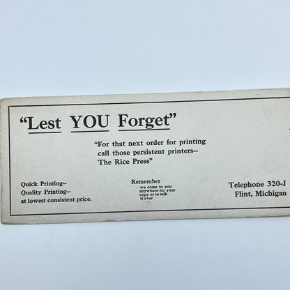 1910s Blotter Card The Rice Press Lest You Forget Flint MI SC8