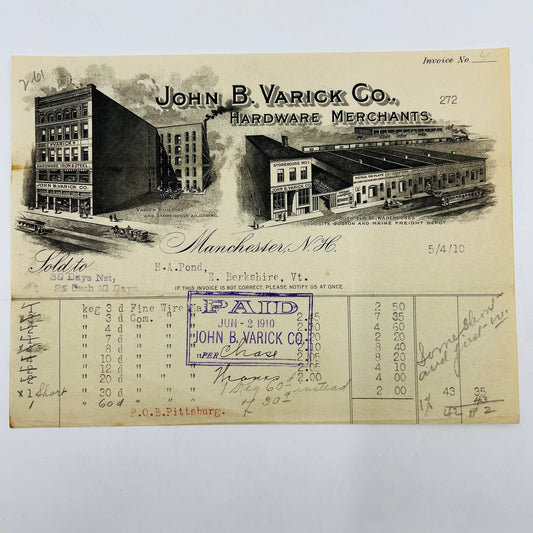 1910 John Varick Hardware Merchant Manchester NH Billhead Letterhead Receipt AA4