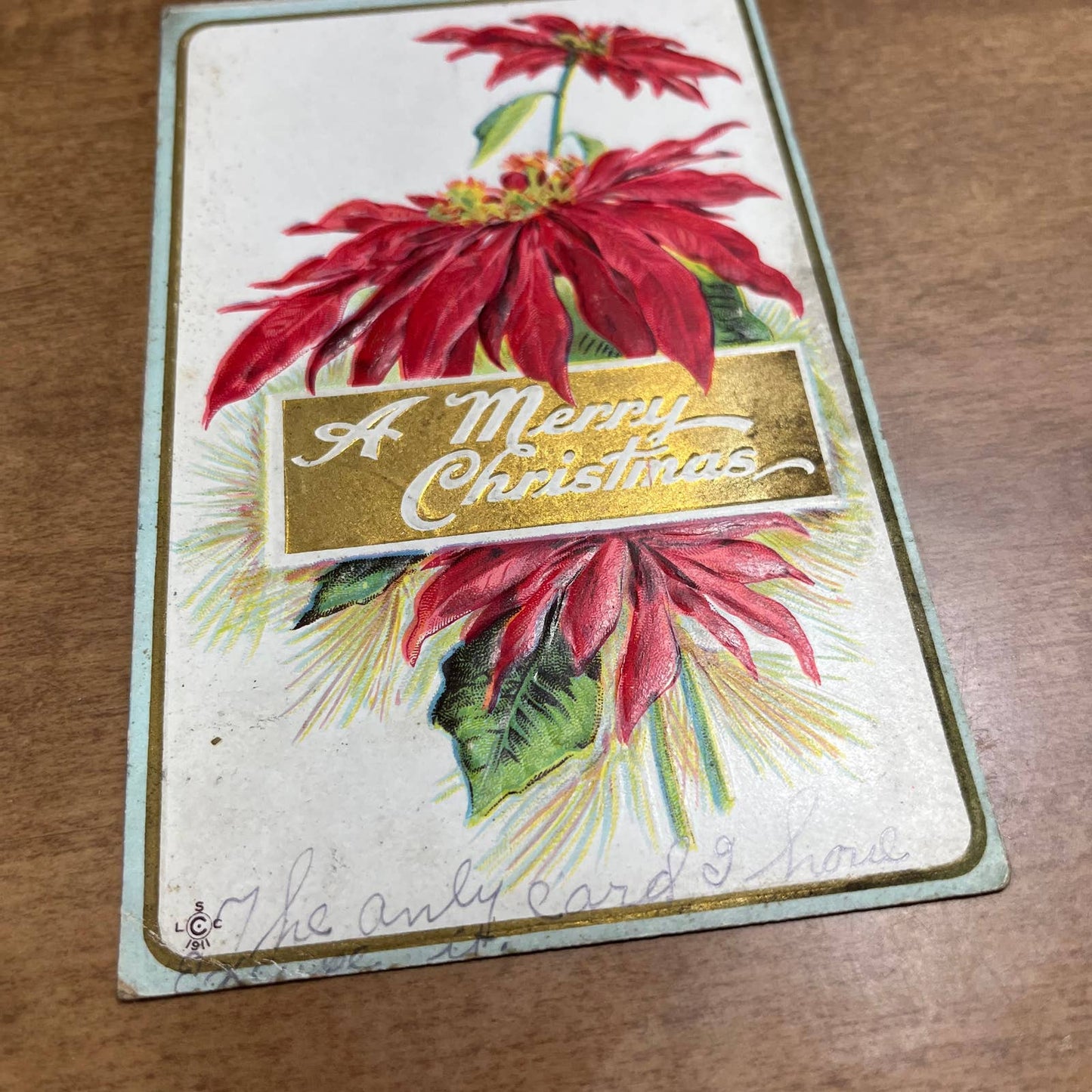 c1910 Red Embossed Poinsettia Christmas Greetings Postcard LSC 228 A PA2