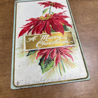 c1910 Red Embossed Poinsettia Christmas Greetings Postcard LSC 228 A PA2