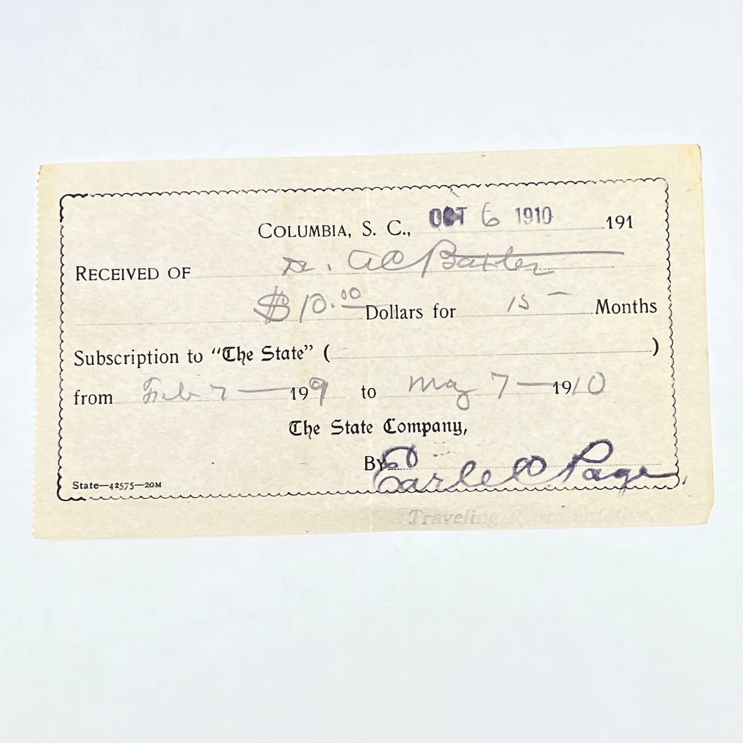 1910 Receipt For Subscription to The State Magazine Columbia SC Earle Page AC3