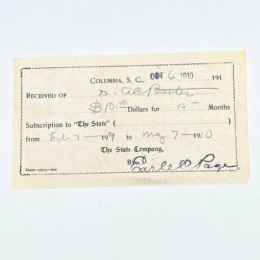 1910 Receipt For Subscription to The State Magazine Columbia SC Earle Page AC3