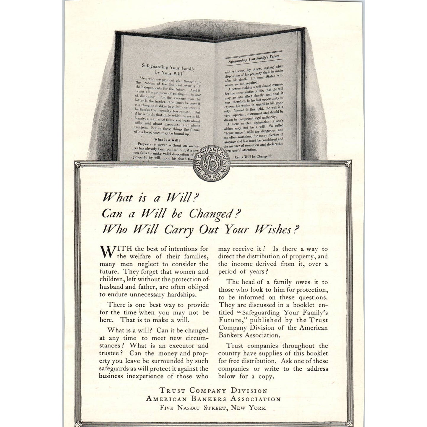 American Bankers Association Trust Company Division Wills 1921 Original Ad TJ7-L