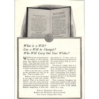 American Bankers Association Trust Company Division Wills 1921 Original Ad TJ7-L