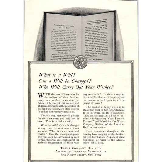 American Bankers Association Trust Company Division Wills 1921 Original Ad TJ7-L