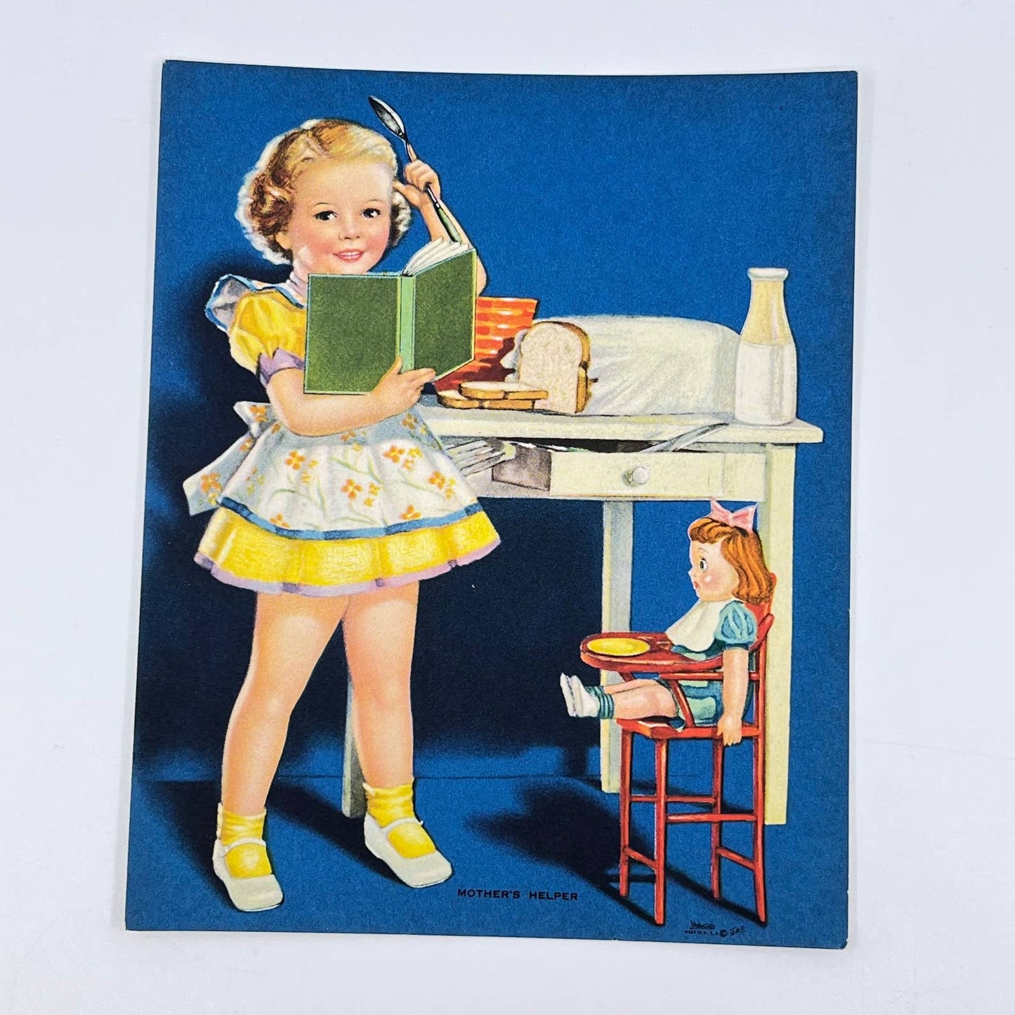 1940s Lithograph MOTHER’S HELPER Girl With Baby Doll Bread & Milk 5x6” AA8