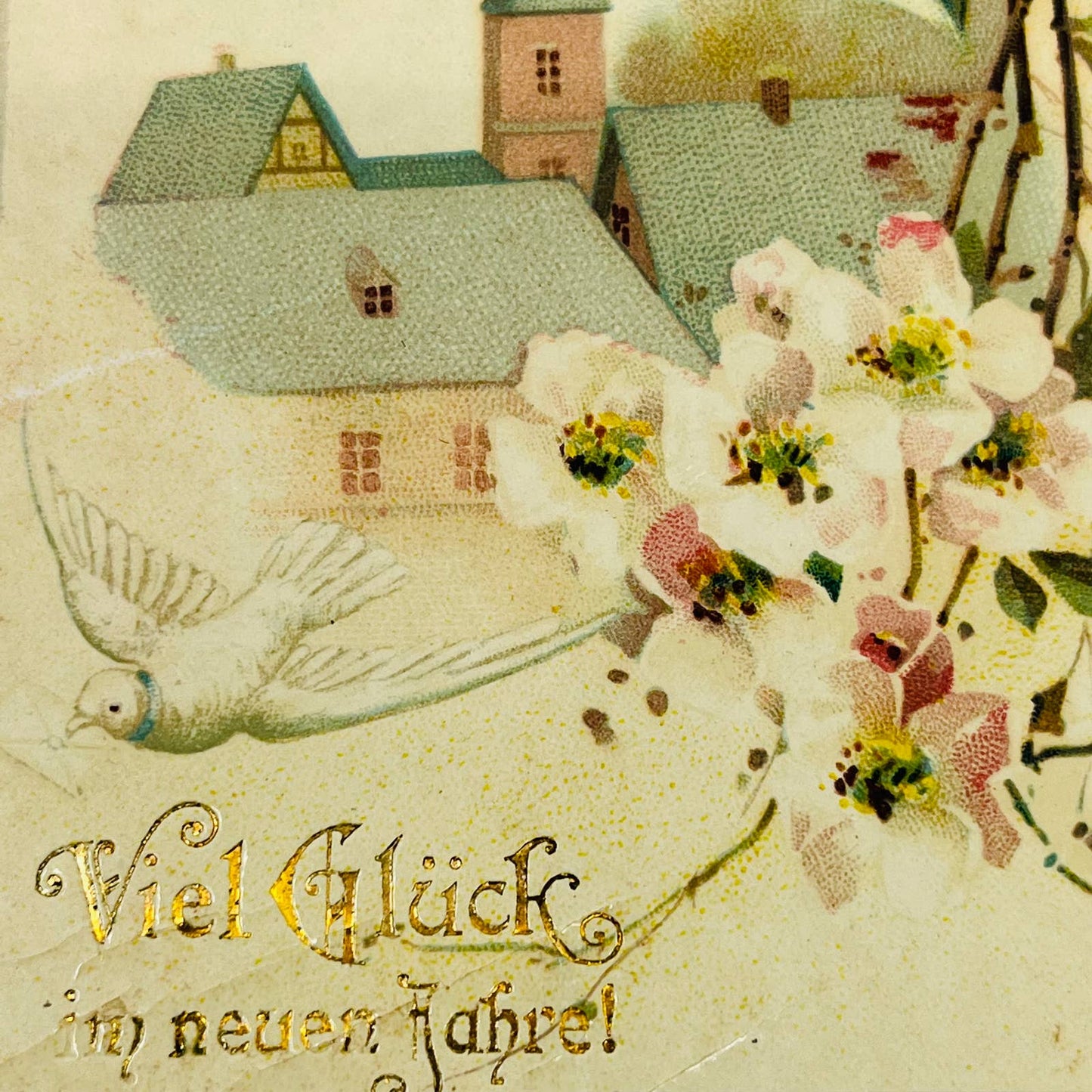 1910s Christmas New Year’s Post Card Viel Glück Good Luck Dove Chapel Bells PA3