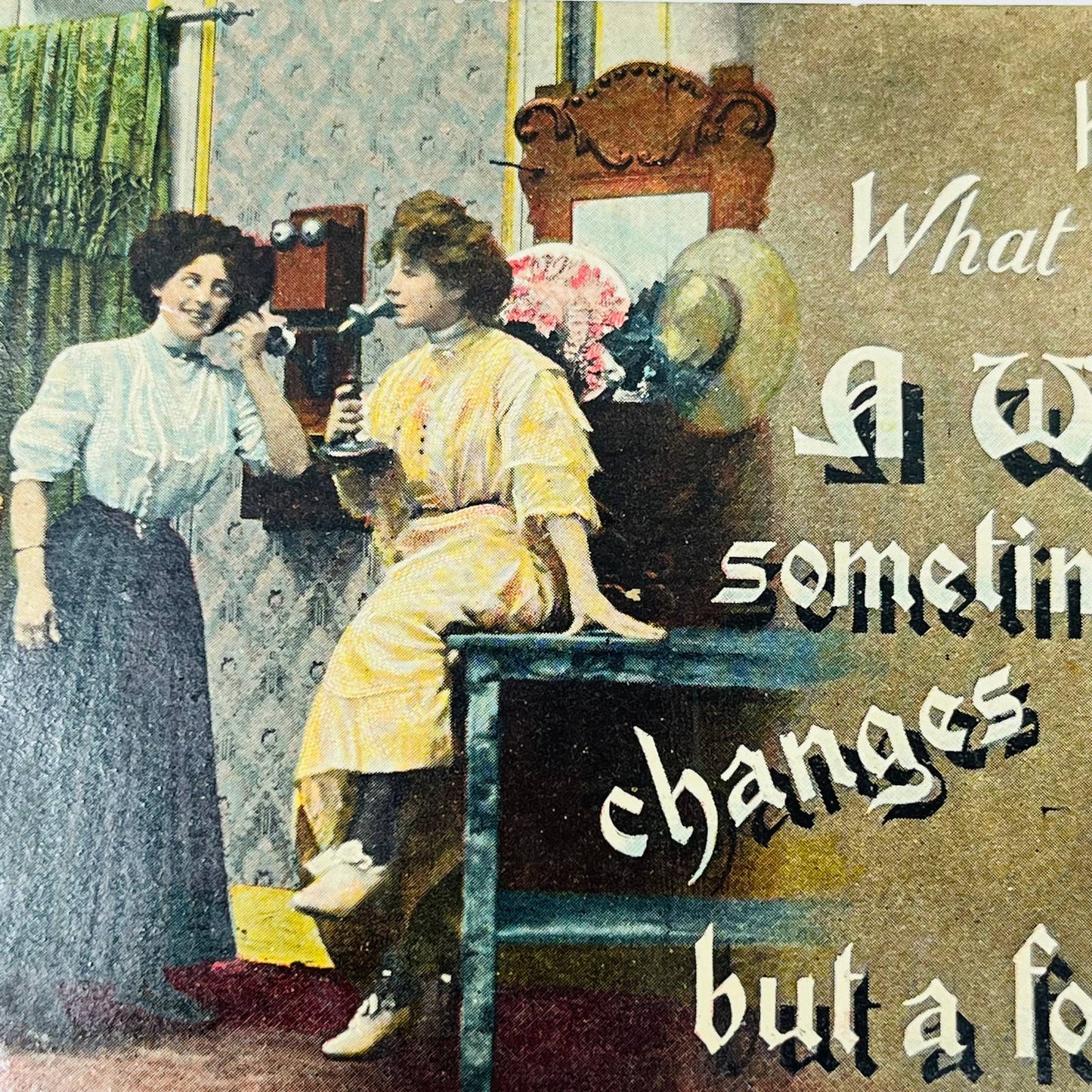 1910s Post Card Humor Tinted Victorian Ladies Talking on Telephone PA6