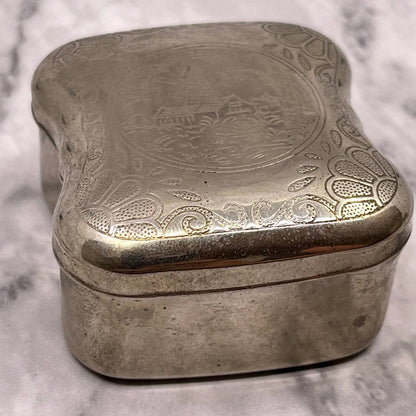 Small Trinket Etched Dutch Windmill Pill Box Silver Tone SA2