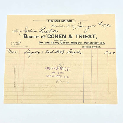 1890 Cohen & Triest The Bon Marche Letterhead Bill Head Charleston SC AB9