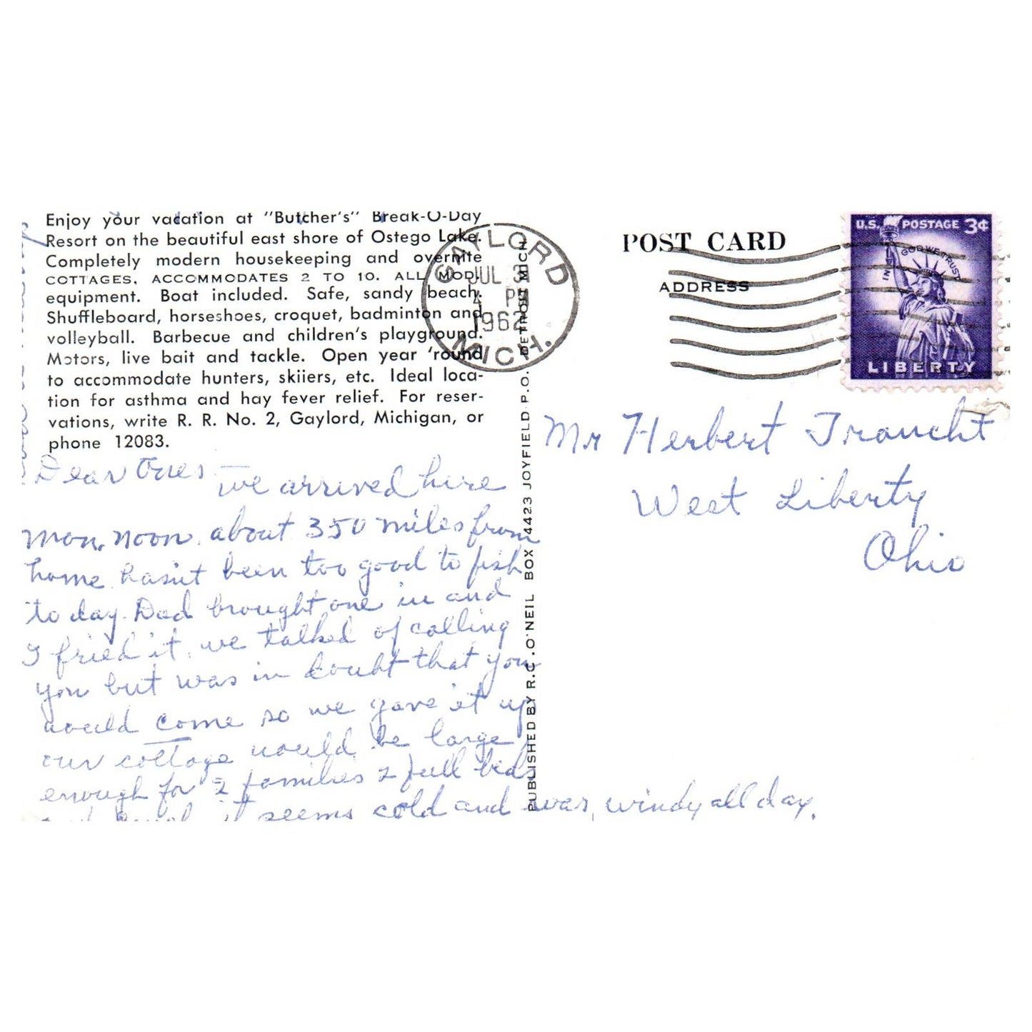 Butcher's Break O' Day Lake Resort Gaylord Michigan 1962 - Postcard TJ8-2