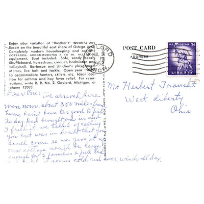 Butcher's Break O' Day Lake Resort Gaylord Michigan 1962 - Postcard TJ8-2