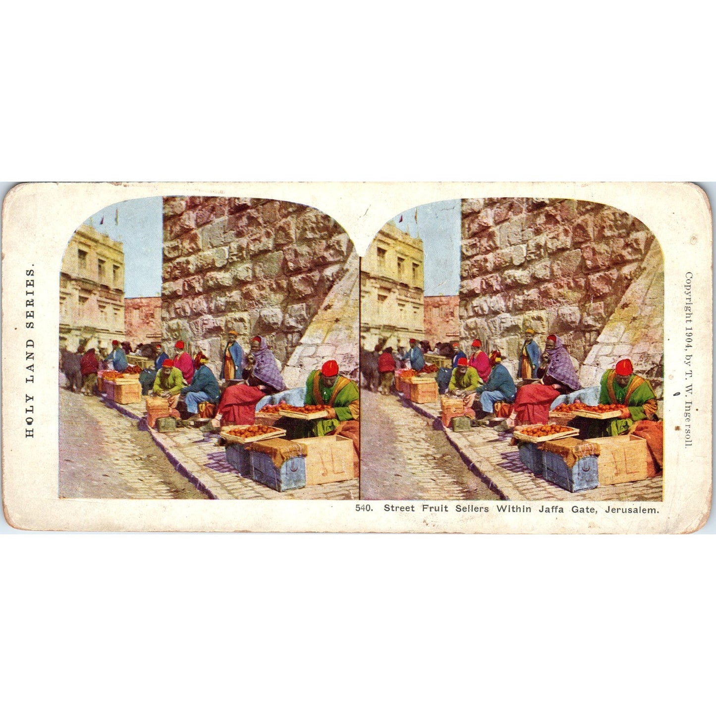 Street Fruit Sellers at Jaffa Gate Jerusalem - Antique Stereoview Card H3-2