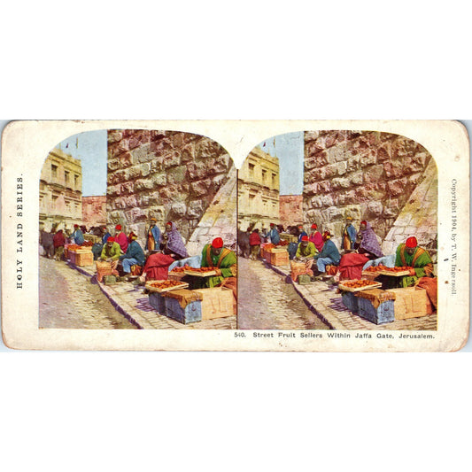 Street Fruit Sellers at Jaffa Gate Jerusalem - Antique Stereoview Card H3-2