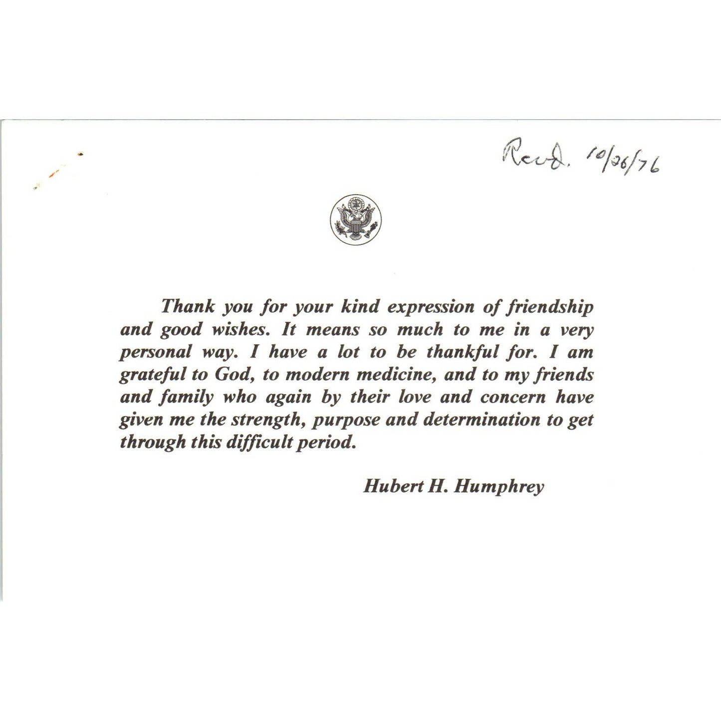 Original Thank You Note From Hubert Humphrey After Cancer Diagnosis 1976 TK1-P6