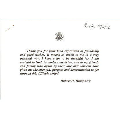 Original Thank You Note From Hubert Humphrey After Cancer Diagnosis 1976 TK1-P6